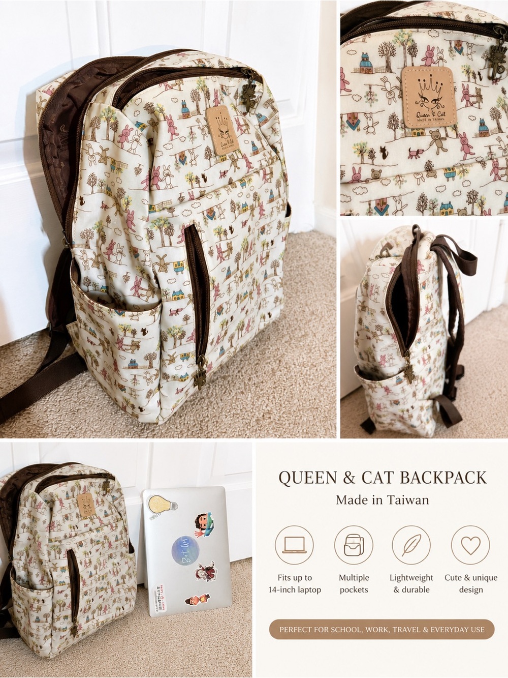 Queen cat Backpack - Cream Printed with Brown Accents water resistant